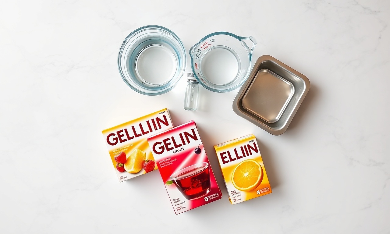 Vista de cima dos ingredientes: caixas de gelatina, água, óleo e forma.