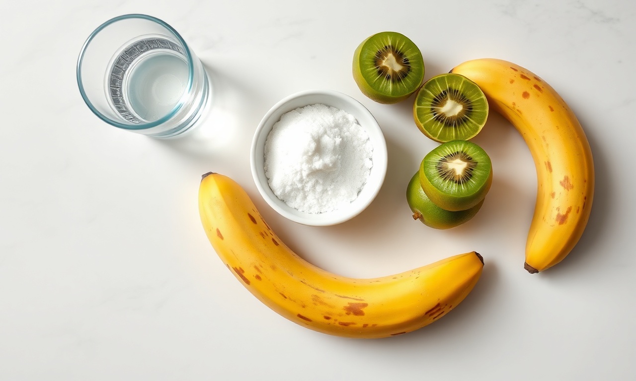 Vista de cima dos ingredientes frescos: bananas maduras com cascas pintadas, kiwis verdes descascados, açúcar em um potinho e água.