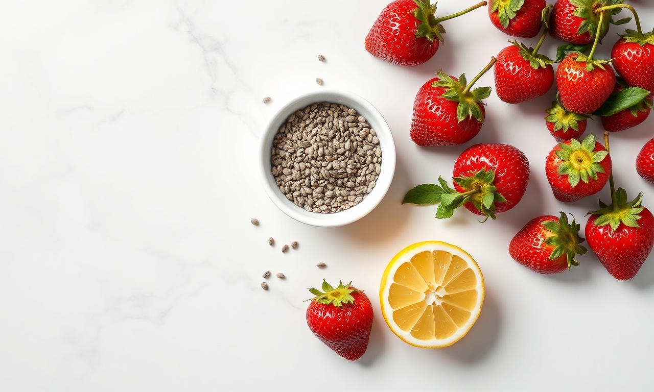 Vista de cima dos 3 ingredientes principais: morangos frescos, sementes de chia e um limão.