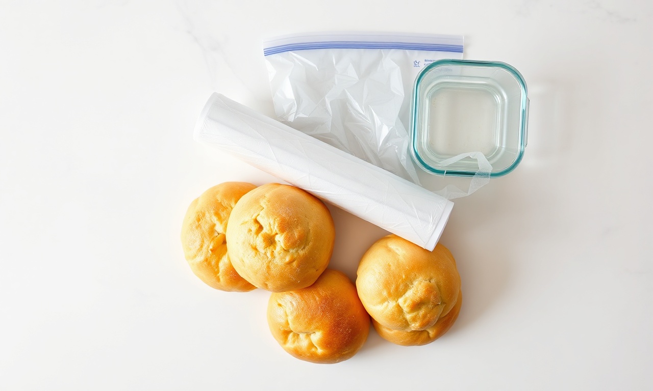 Vista de cima dos pães de queijo assados e embalagens para armazenamento.