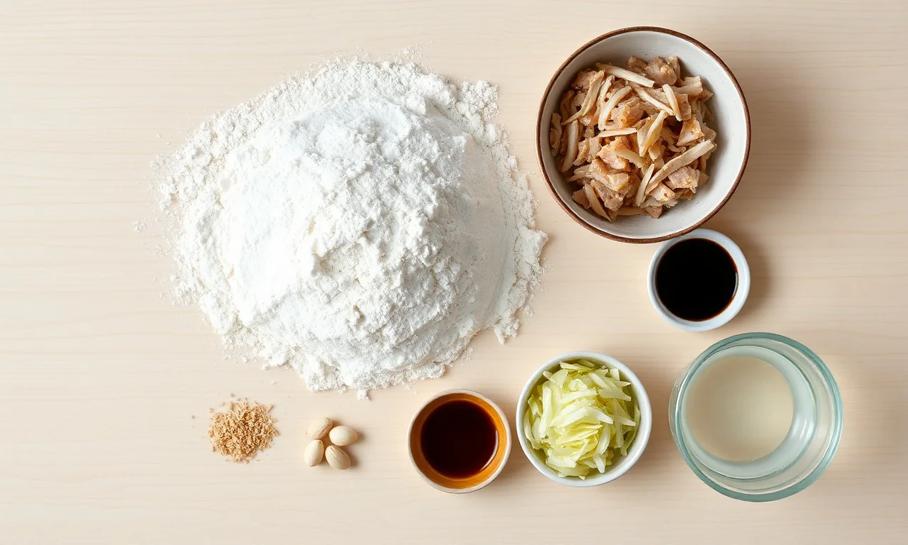 Vista de cima dos ingredientes para massa e recheio organizados em tigelas.