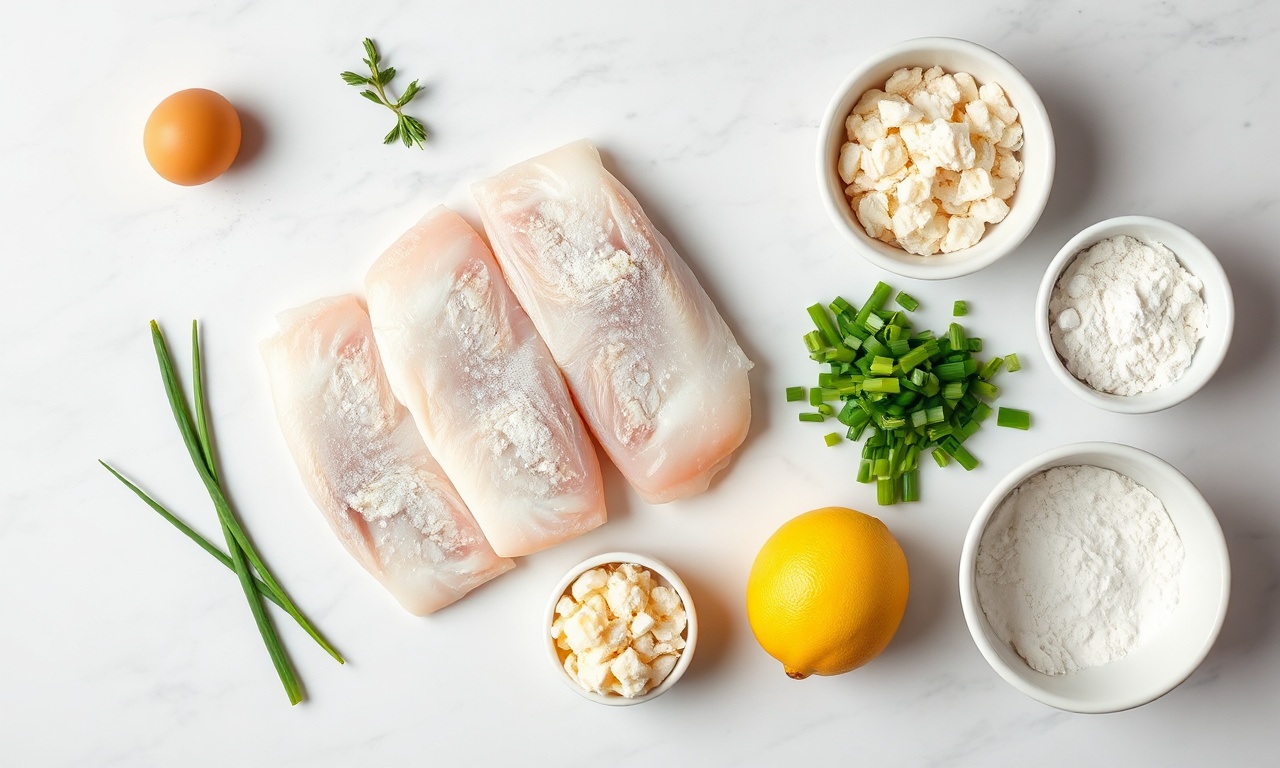 Hambúrguer De Pescada Para Crianças: Crocante E Saudável 4 Vista de cima dos ingredientes frescos organizados sobre uma superfície clara.