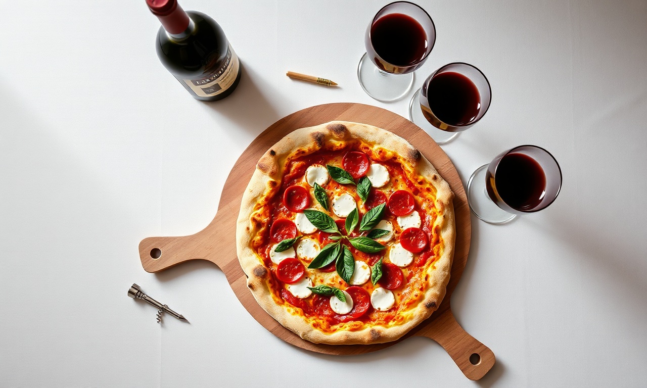 Os elementos essenciais para a harmonização: uma pizza, uma garrafa de vinho e copos adequados.