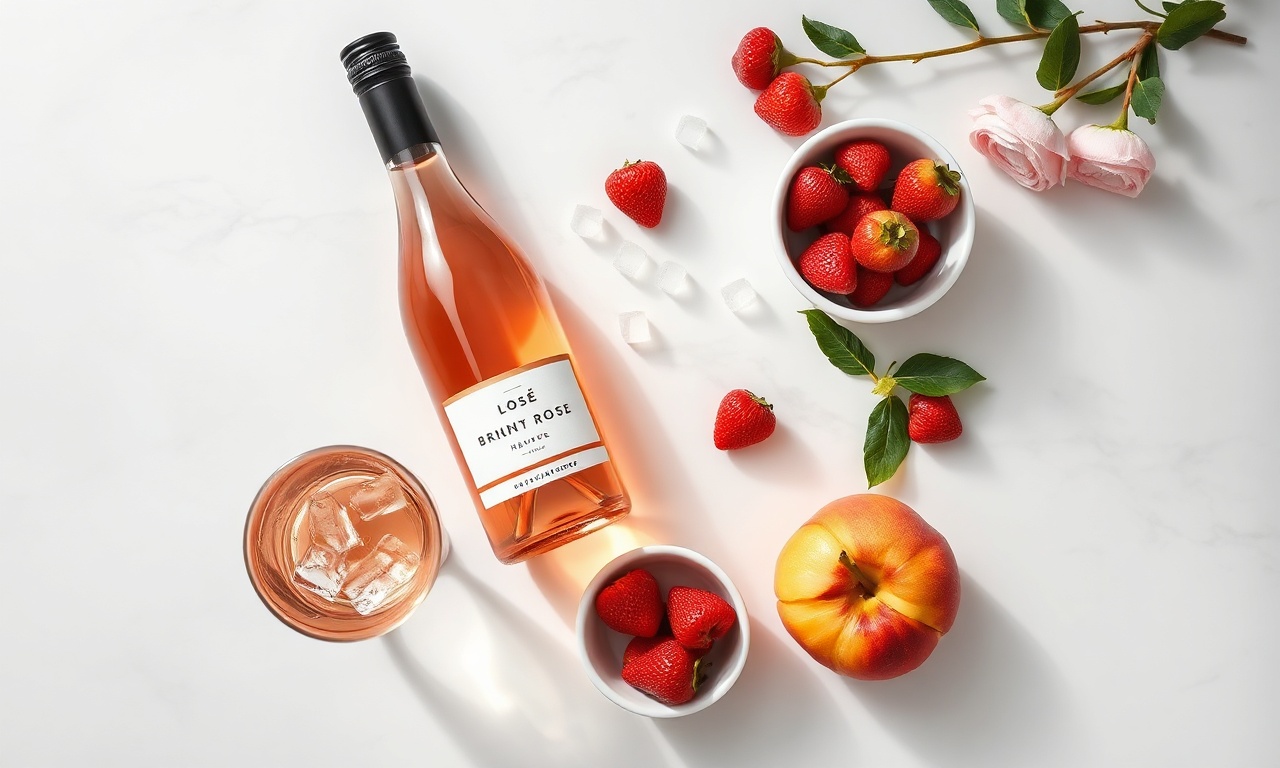 Vista de cima dos elementos essenciais para a harmonização: garrafa de rosé, taça, gelo e frutas para aromatizar.