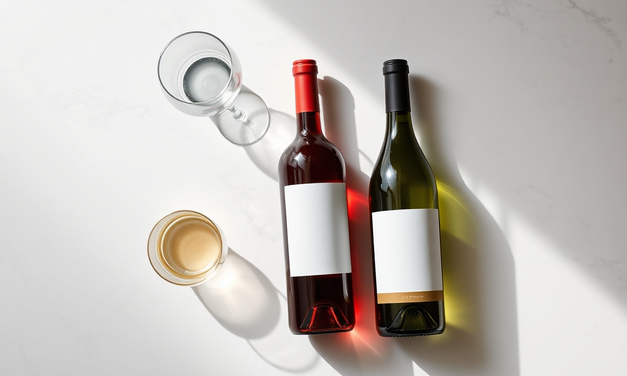 Taças, garrafas de vinho branco e tinto, e um copo d'água organizados.