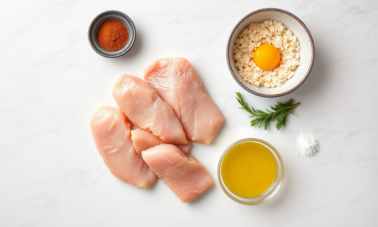 Isca De Frango Na Airfryer: Crocante E Macia Em 20 Min 4 Vista de cima dos ingredientes organizados sobre superfície de mármore