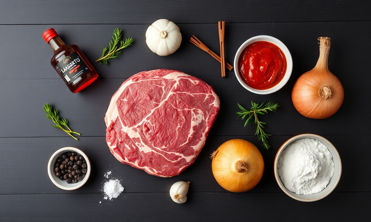 Vista de cima dos ingredientes frescos e secos organizados.