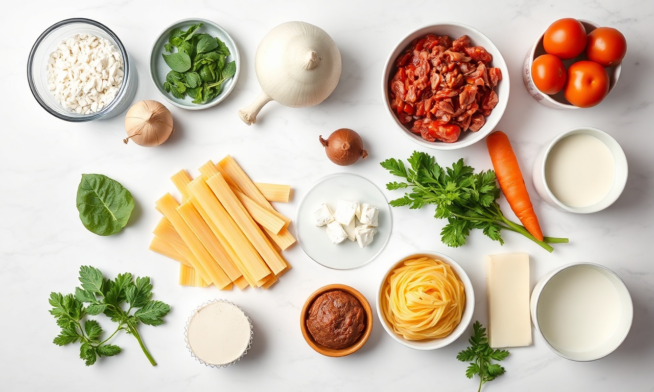 Vista de cima dos ingredientes principais organizados sobre uma superfície de mármore.