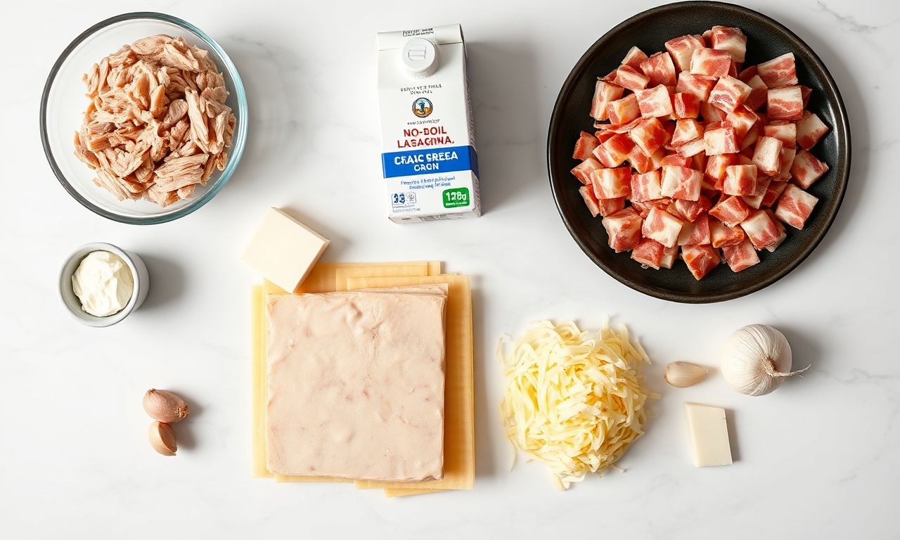 Lasanha De Bacon De Pernil: Receita Cremosa Que Derrete Na Boca 4 Vista de cima dos ingredientes frescos e organizados.
