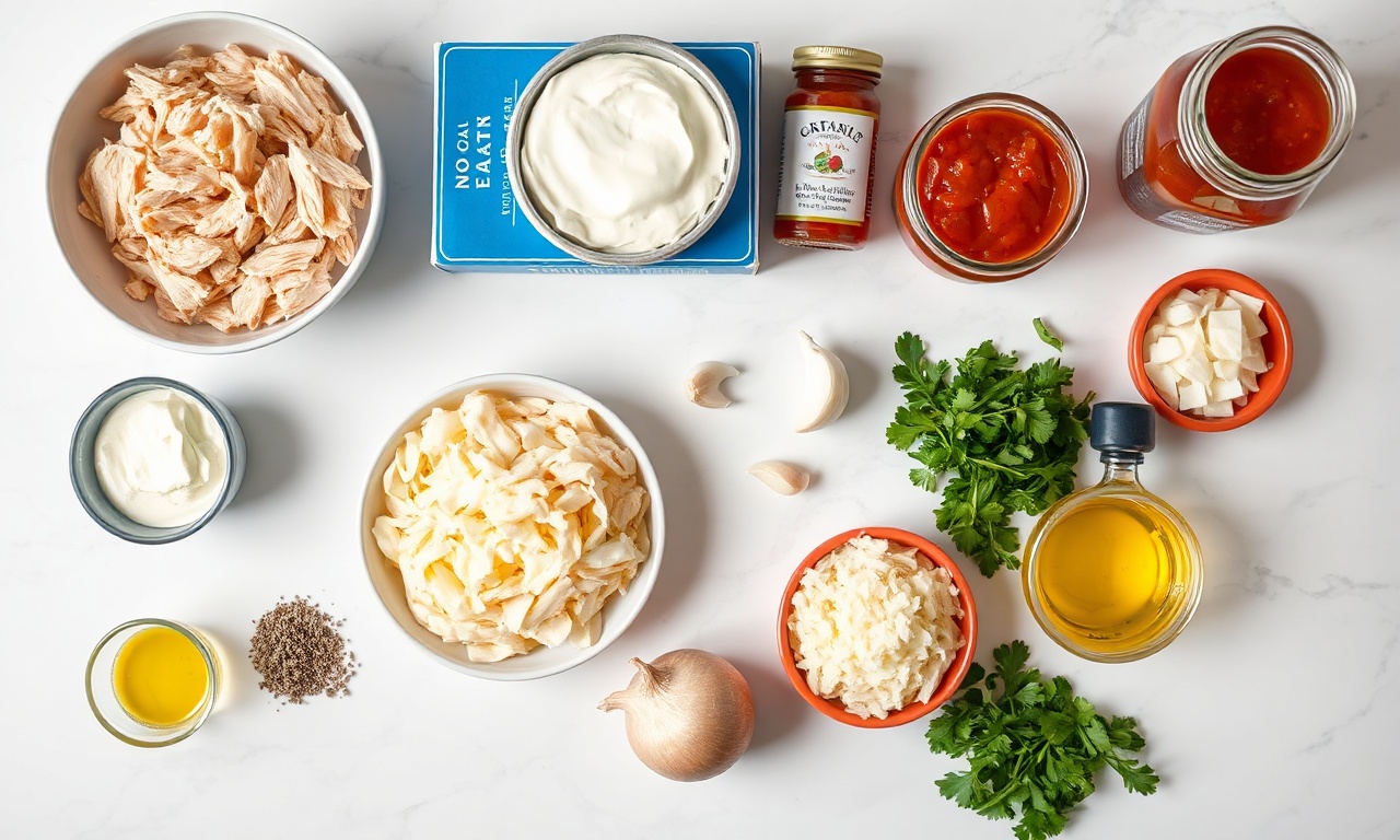 Vista de cima dos ingredientes organizados: frango desfiado, massas, molhos, queijos e temperos.