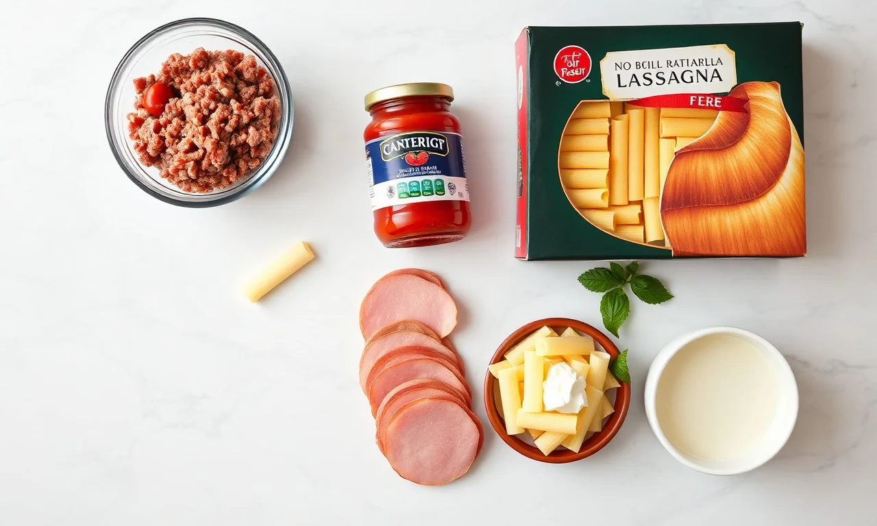 Vista de cima dos ingredientes frescos e embalagens organizados sobre uma superfície clara.