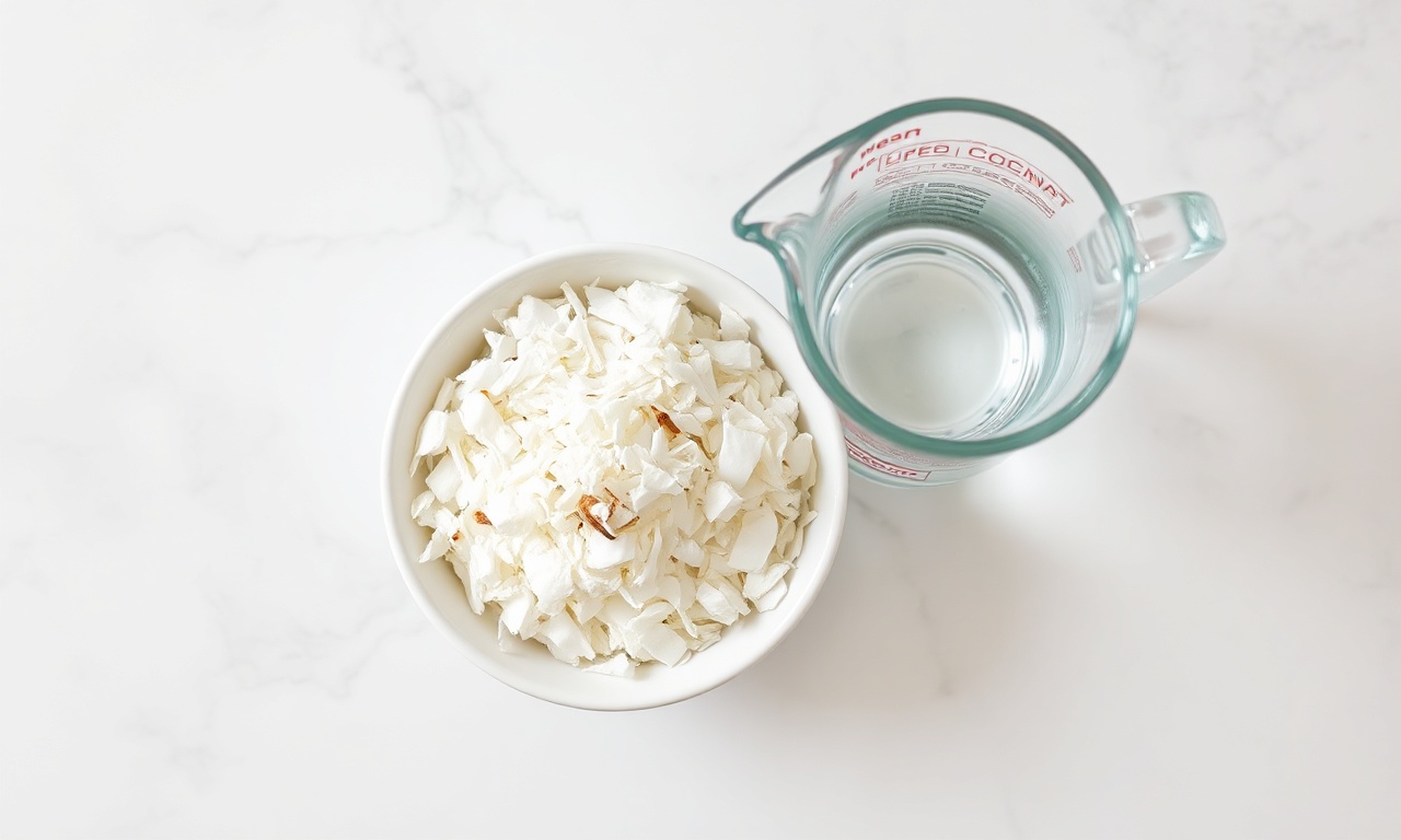 Leite De Coco Caseiro: Cremoso Em 20 Minutos Com 2 Ingredientes 4 Vista de cima dos ingredientes: coco ralado seco em um bowl e água morna em uma jarra de vidro.