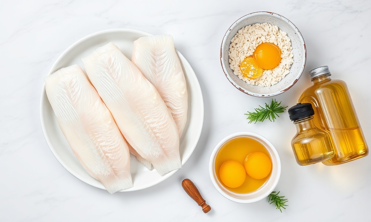 Linguado Empanado Com Panko: Fofinho Por Dentro, Crocante Por Fora 4 Vista de cima dos ingredientes organizados sobre superfície de mármore.