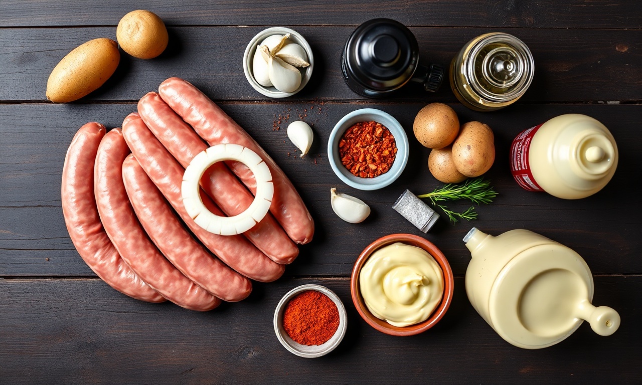 Vista de cima dos ingredientes crus organizados sobre superfície de madeira.