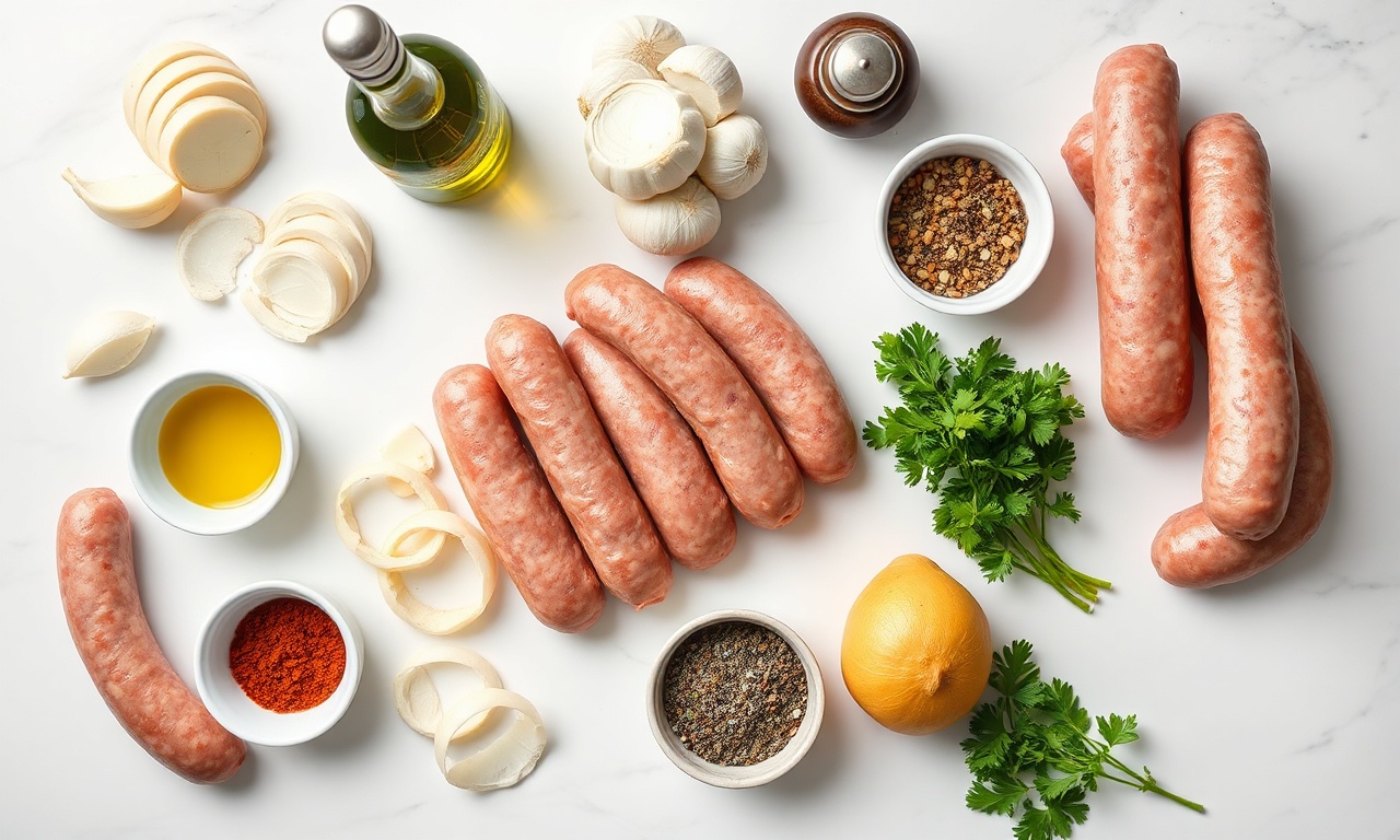 Linguiça Toscano Com Batata Assada: Fofa Por Dentro E Crocante 4 Vista de cima dos ingredientes organizados