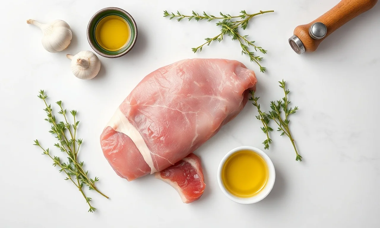 Vista de cima dos ingredientes organizados sobre superfície de mármore.