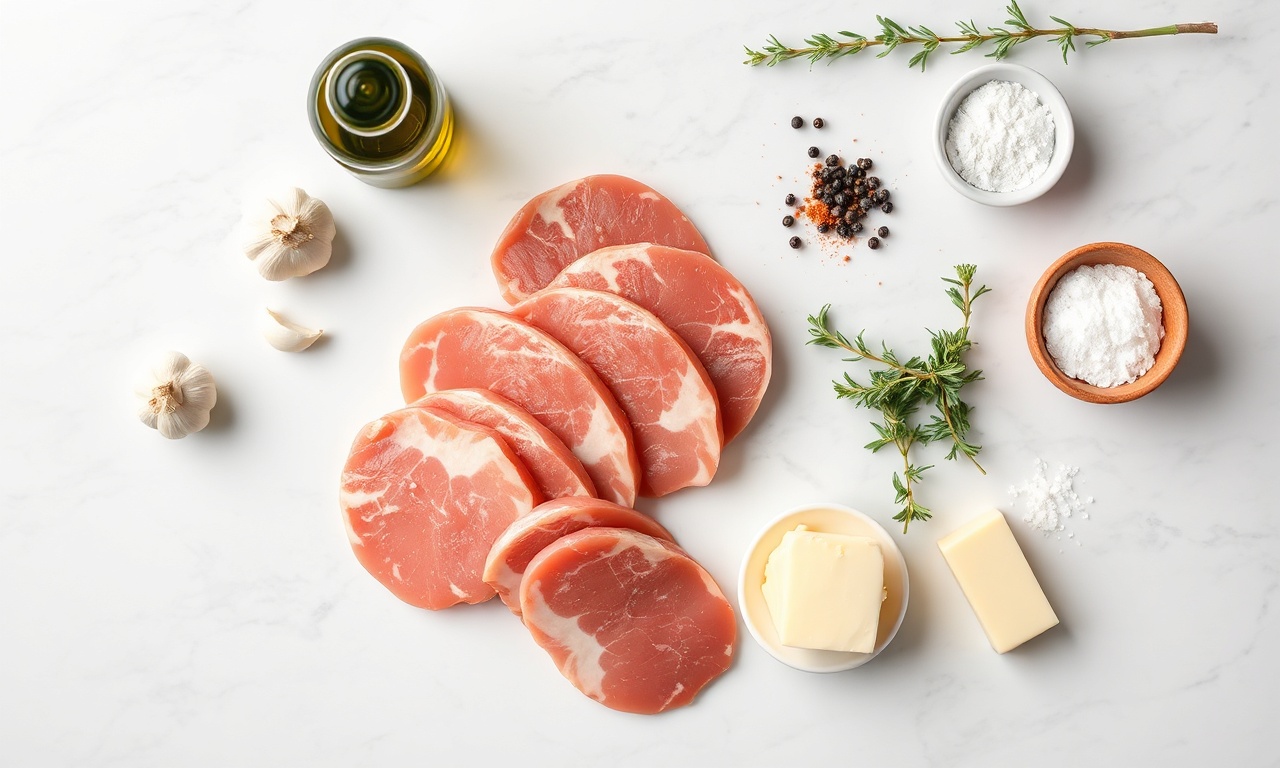 Lombo De Porco Na Frigideira: Suculento Em 30 Minutos 4 Vista de cima dos ingredientes frescos e temperos organizados na bancada.