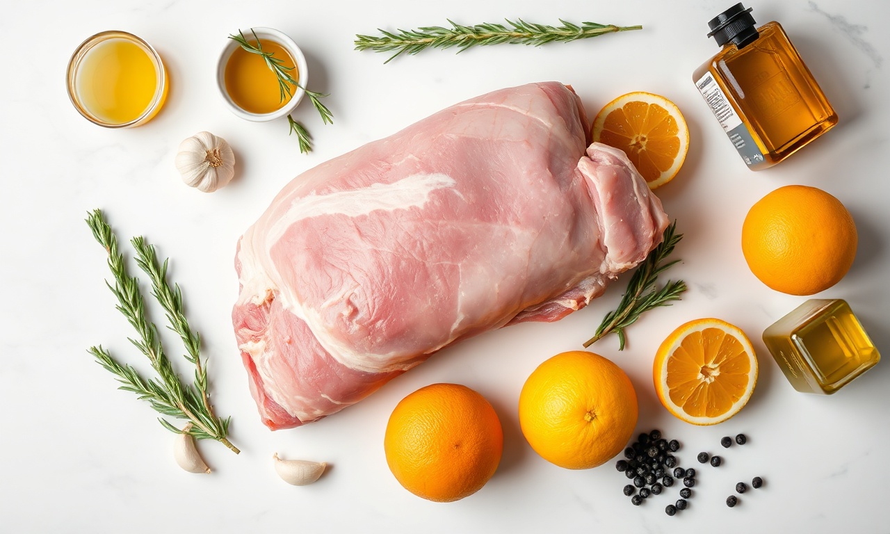 Vista de cima dos ingredientes frescos e organizados sobre superfície de mármore.