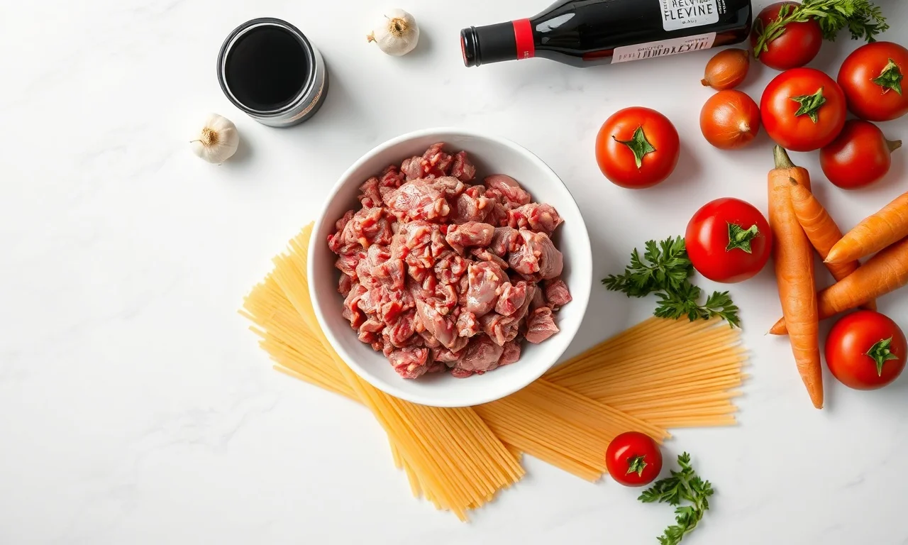 Macarrão Para 50 Pessoas: Receita Completa E Cálculo Exato 4 Vista de cima dos ingredientes principais organizados para a receita.