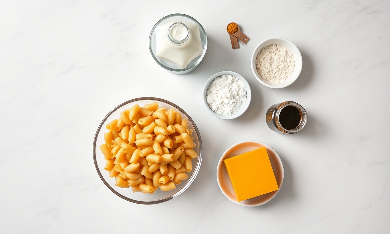 Macarrão Com Queijo Cremoso Caseiro: Receita Clássica Americana 4 Vista de cima dos ingredientes principais organizados sobre superfície de mármore.