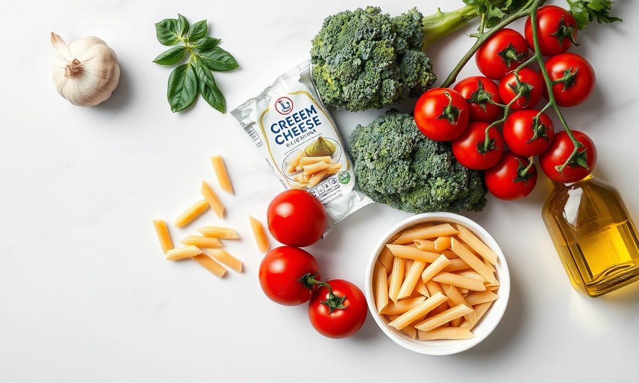 Vista de cima dos ingredientes frescos e organizados: uma cabeça de alho, tomates cereja, brócolis, requeijão, macarrão cru e azeite.