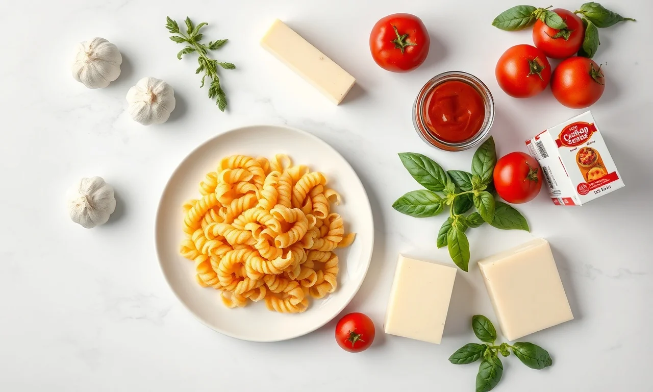 Vista de cima dos ingredientes organizados sobre superfície de mármore