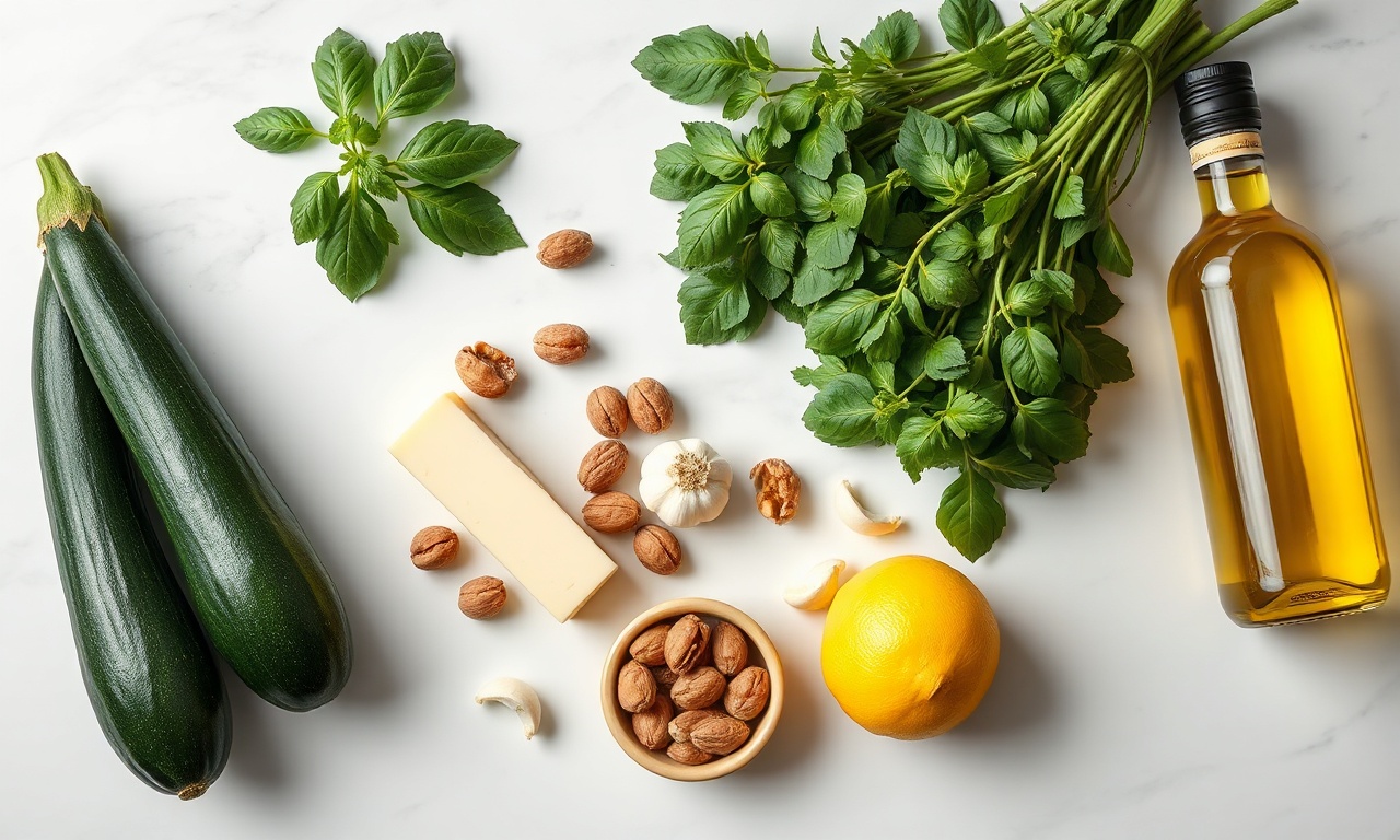 Macarrão De Abobrinha Com Pesto: Low Carb E Sem Água 4 Vista de cima dos ingredientes frescos organizados sobre superfície de mármore.