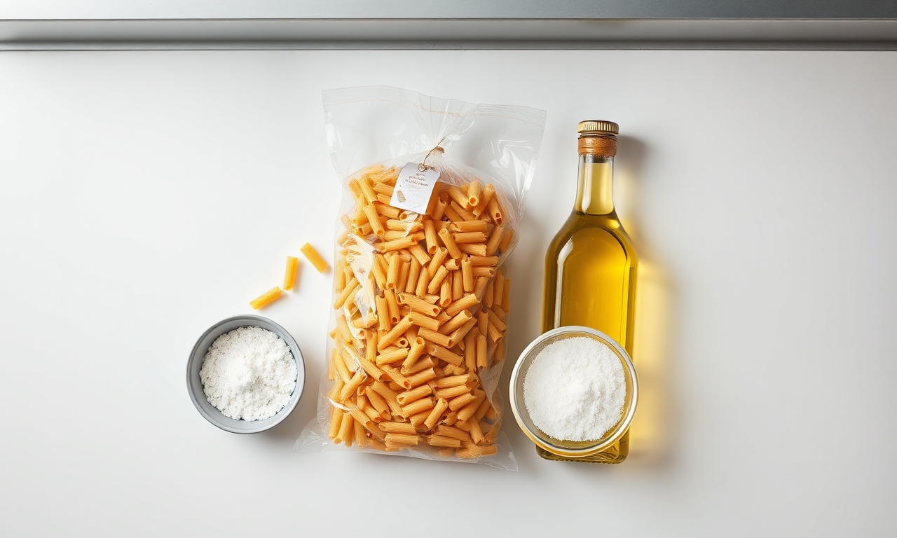 Vista de cima dos ingredientes essenciais: macarrão cru, óleo e sal grosso.