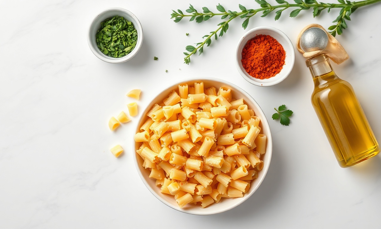 Vista de cima dos ingredientes organizados: macarrão cru, páprica, salsinha, cebola em pó e óleo.