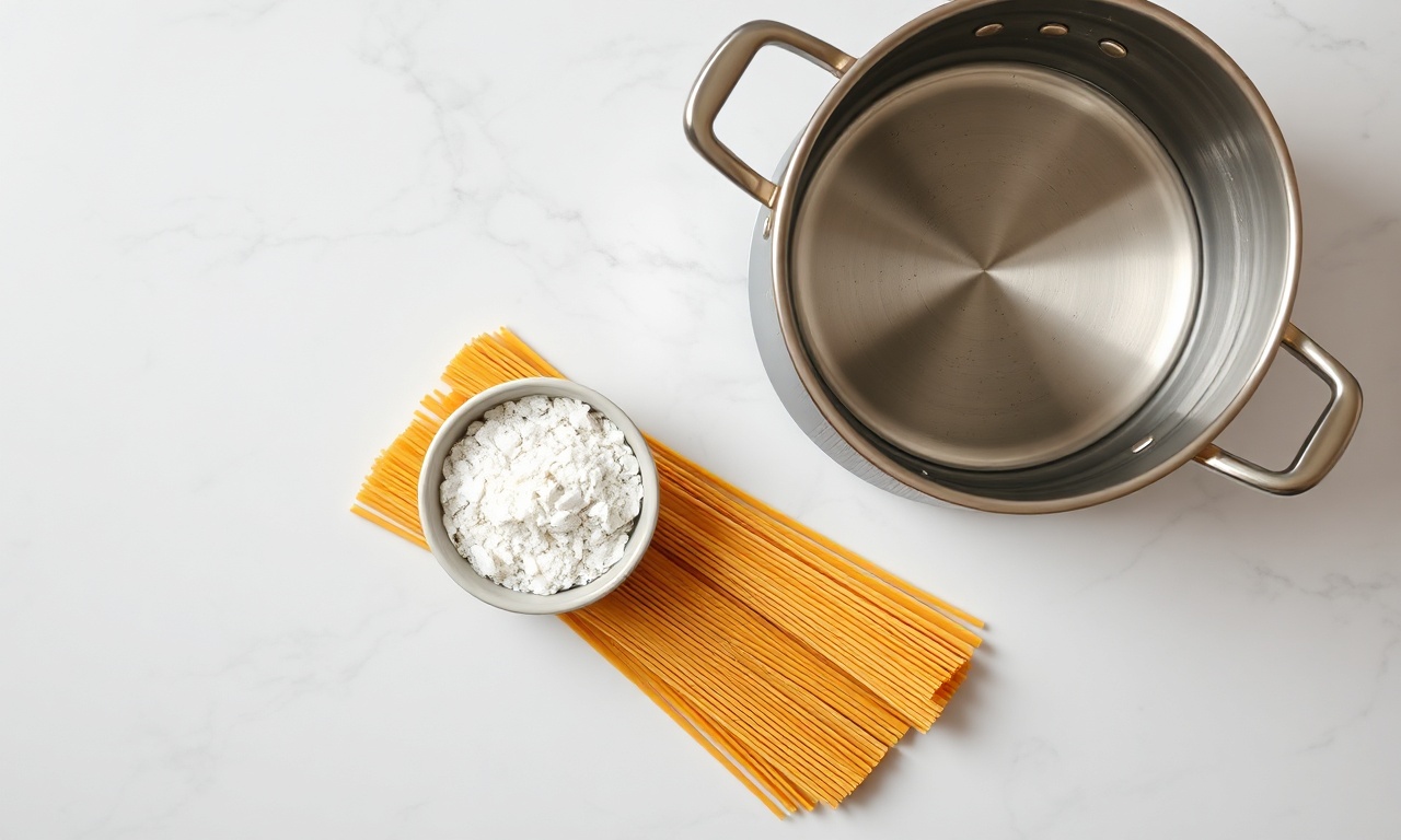 Macarrão Perfeito: Guia Prático Para Nunca Mais Errar O Ponto 4 Vista de cima dos ingredientes organizados: massa seca, sal e água