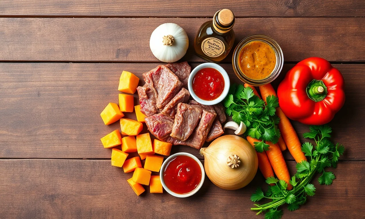 Vista de cima dos ingredientes organizados sobre superfície de madeira.