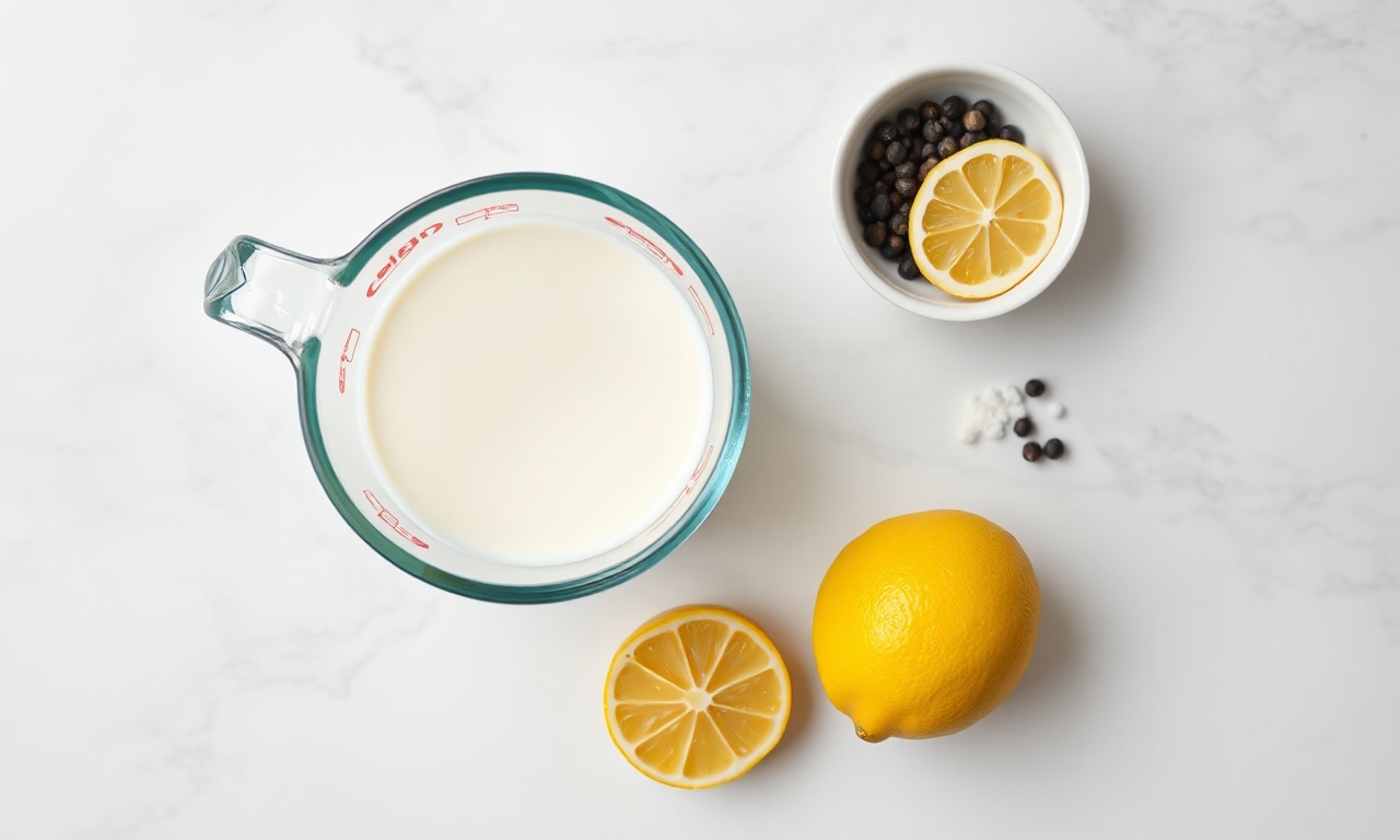Vista de cima dos 5 ingredientes organizados sobre superfície clara