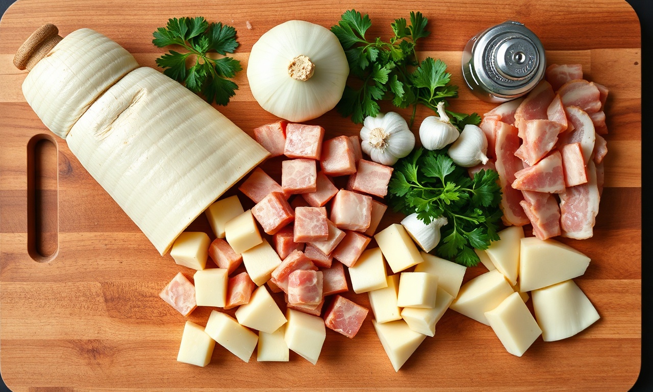 Vista de cima dos ingredientes frescos organizados sobre superfície de madeira.