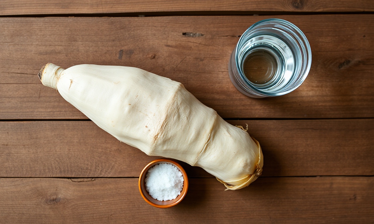 Mandioca Cozida Perfeita: Receita Cremosa Em 15 Minutos 4 Raiz de mandioca crua, sal e água em uma superfície de madeira.