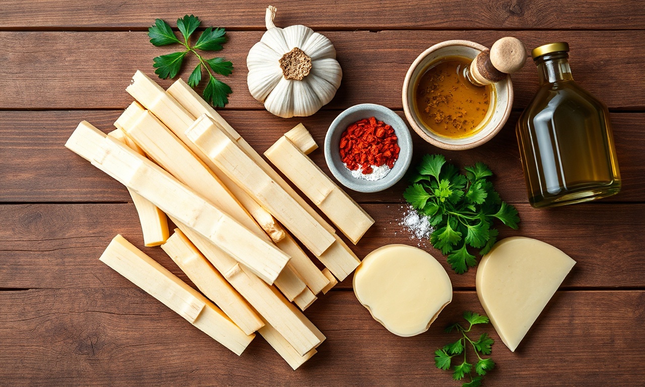 Mandioca Temperada Na Grelha: Cremosa Por Dentro E Crocante 4 Vista de cima dos ingredientes frescos e temperos organizados sobre uma superfície de madeira.