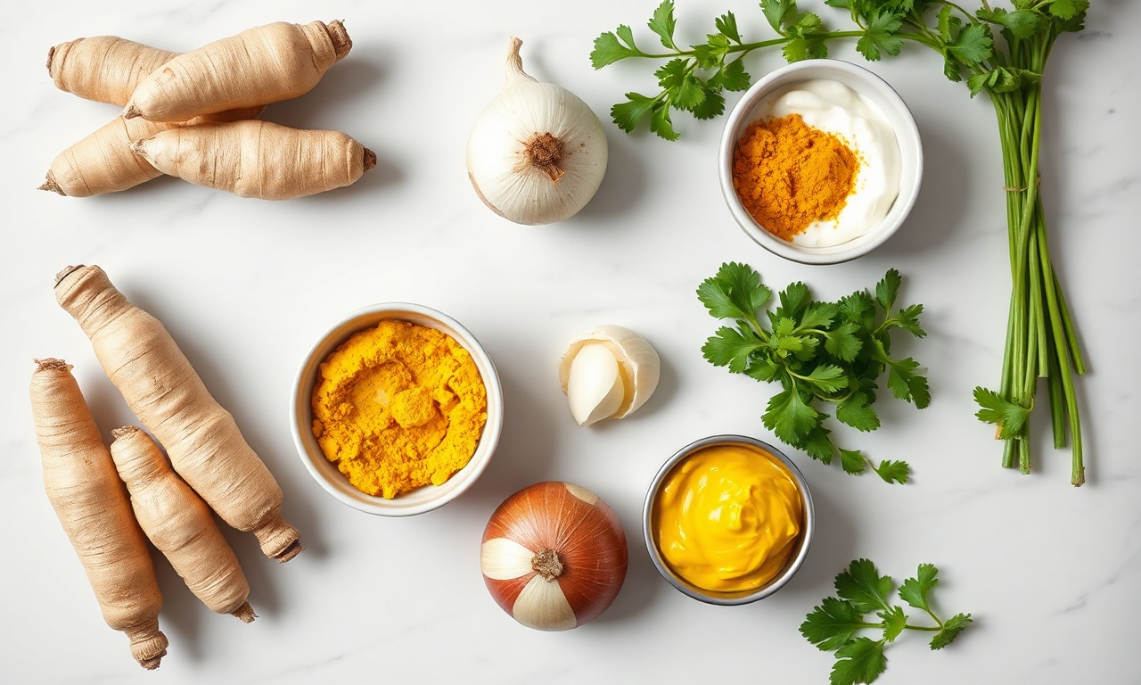 Vista de cima dos ingredientes frescos e secos organizados sobre superfície de mármore.