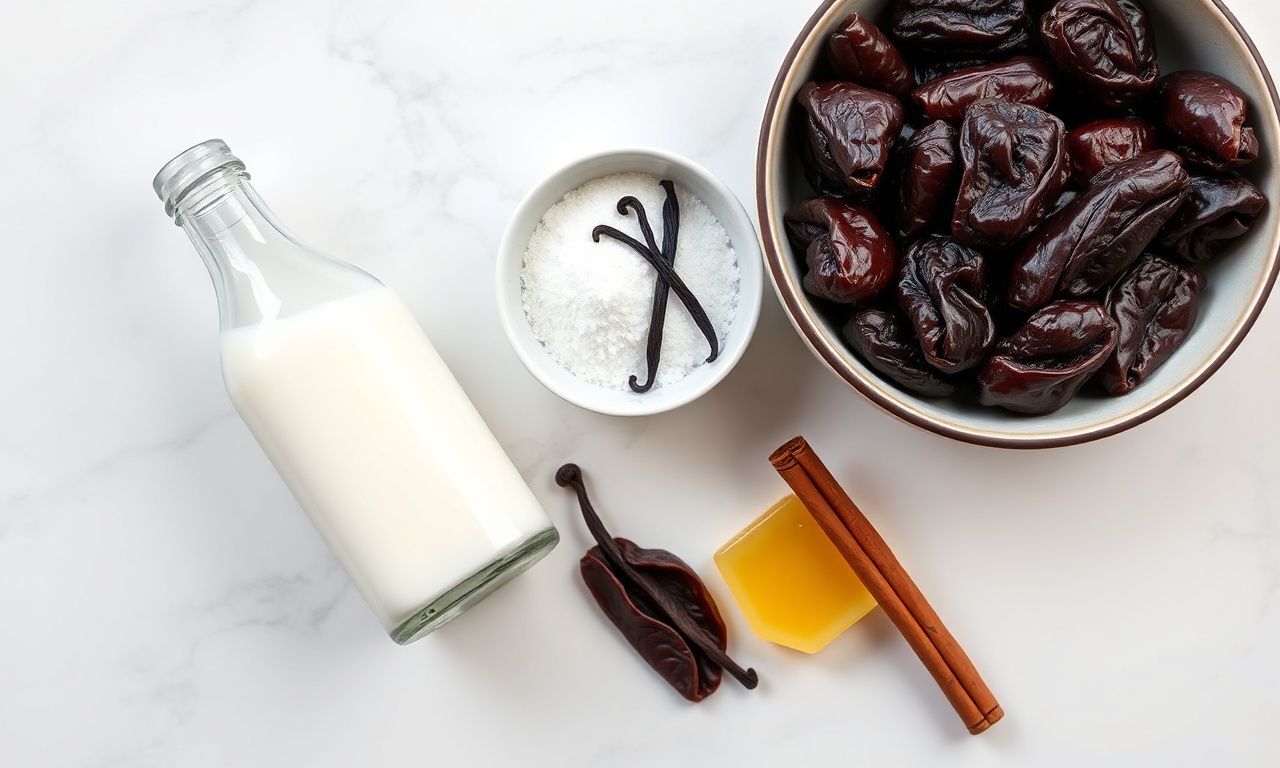 Manjar Cremoso Com Calda De Ameixa: Fácil E Sem Grumos 4 Vista de cima dos ingredientes organizados.