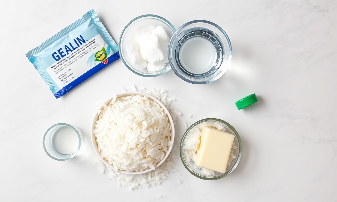 Vista de cima dos ingredientes organizados: gelatina, açúcar, coco ralado e água.