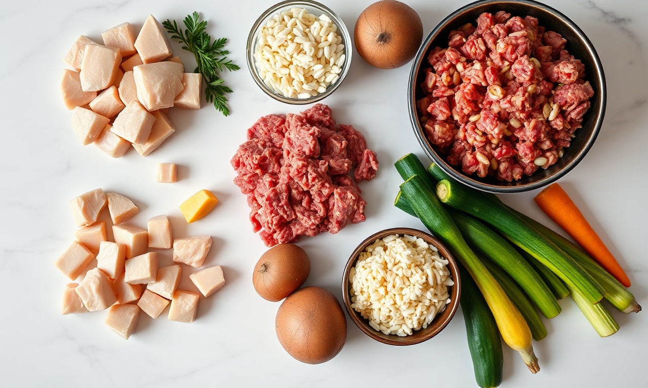 Vista de cima dos ingredientes frescos e proteínas pesadas