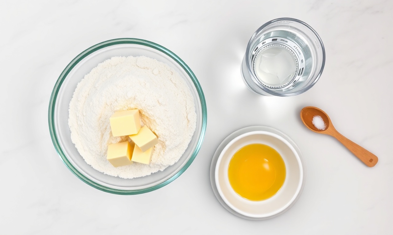 Vista de cima dos ingredientes simples e básicos para a massa.