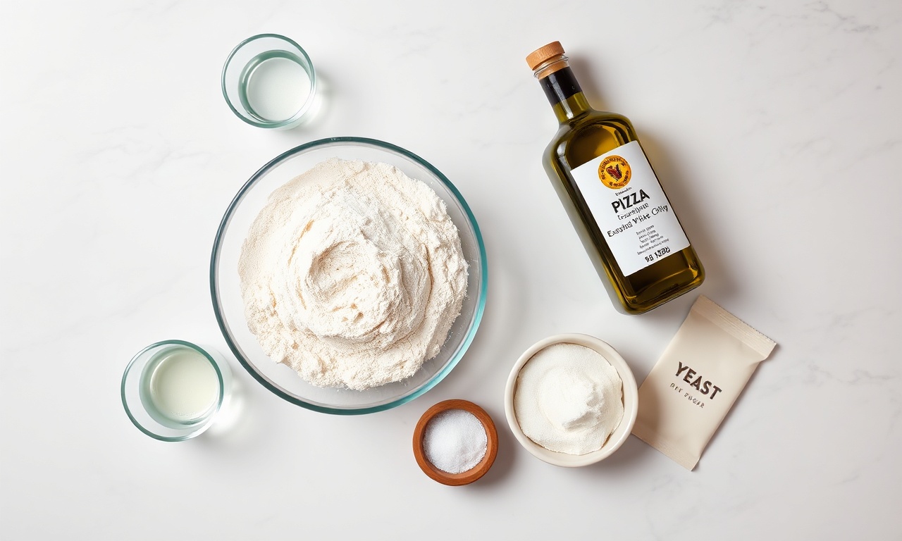 Massa De Pizza Sem Leite: Fofa E Crocante Em 30 Minutos 4 Vista de cima dos ingredientes organizados para a massa.