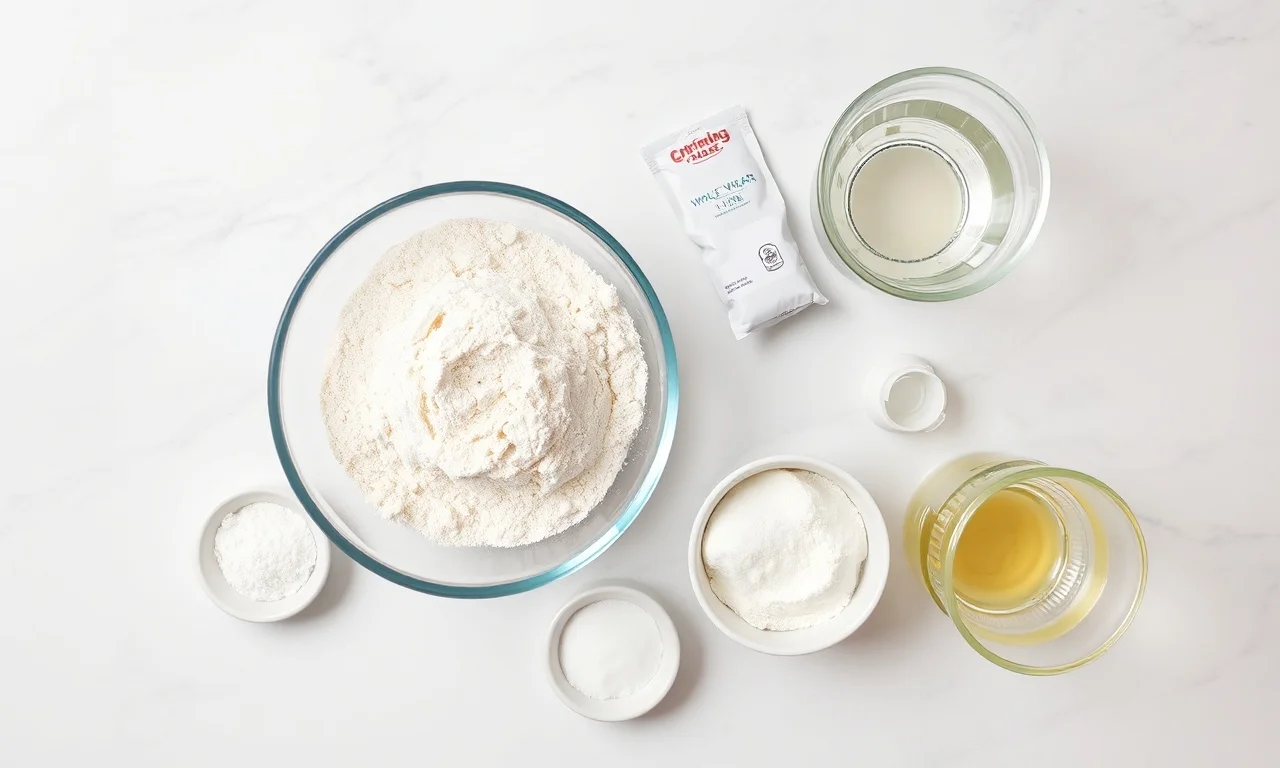 Vista de cima dos ingredientes organizados: farinhas, sal, fermento, óleo e água.