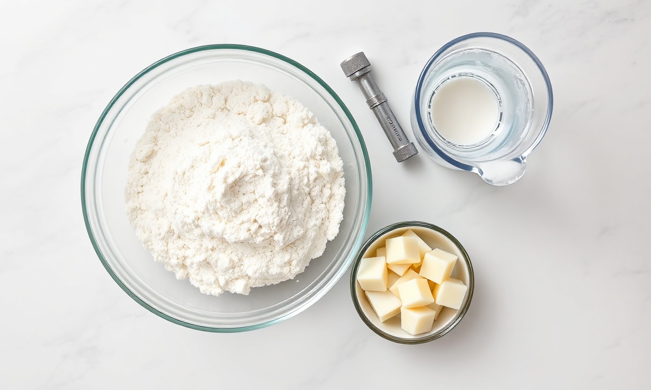 Vista de cima dos cinco ingredientes organizados: farinha, banha, sal, fermento e água.