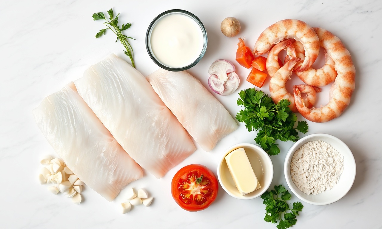 Merluza Ao Molho De Camarão Cremoso: Pronta Em 35 Min 4 Vista de cima dos ingredientes frescos e organizados para a receita.