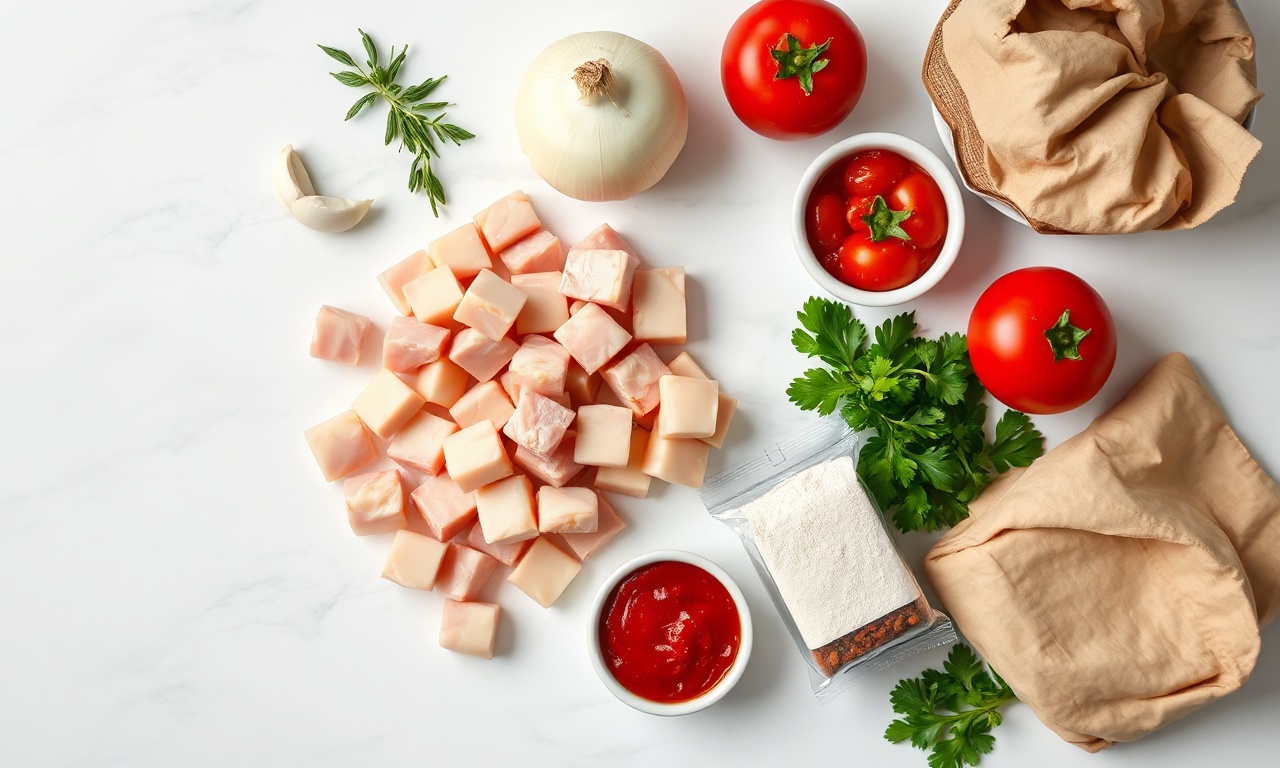 Vista de cima dos ingredientes frescos e da despensa organizados para a receita.