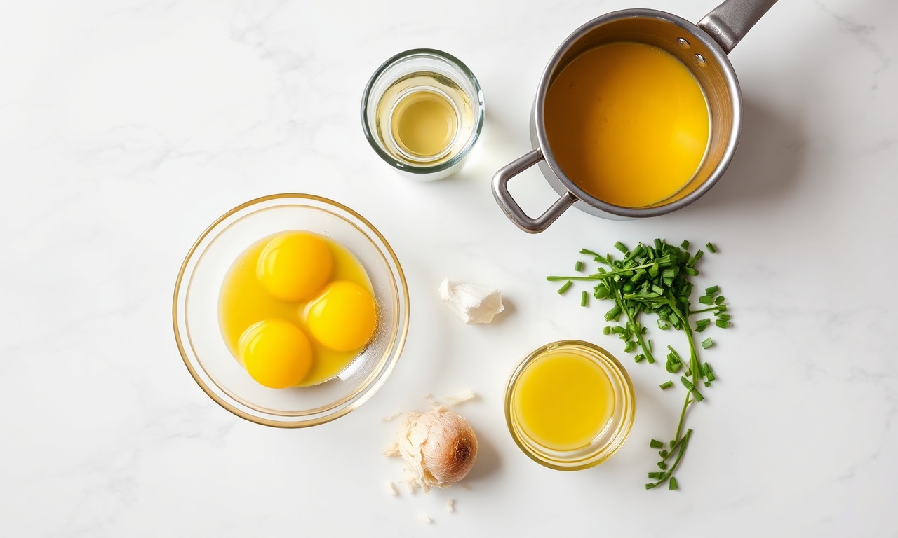 Vista de cima dos ingredientes organizados: gemas, manteiga, vinho, ervas e chalota.