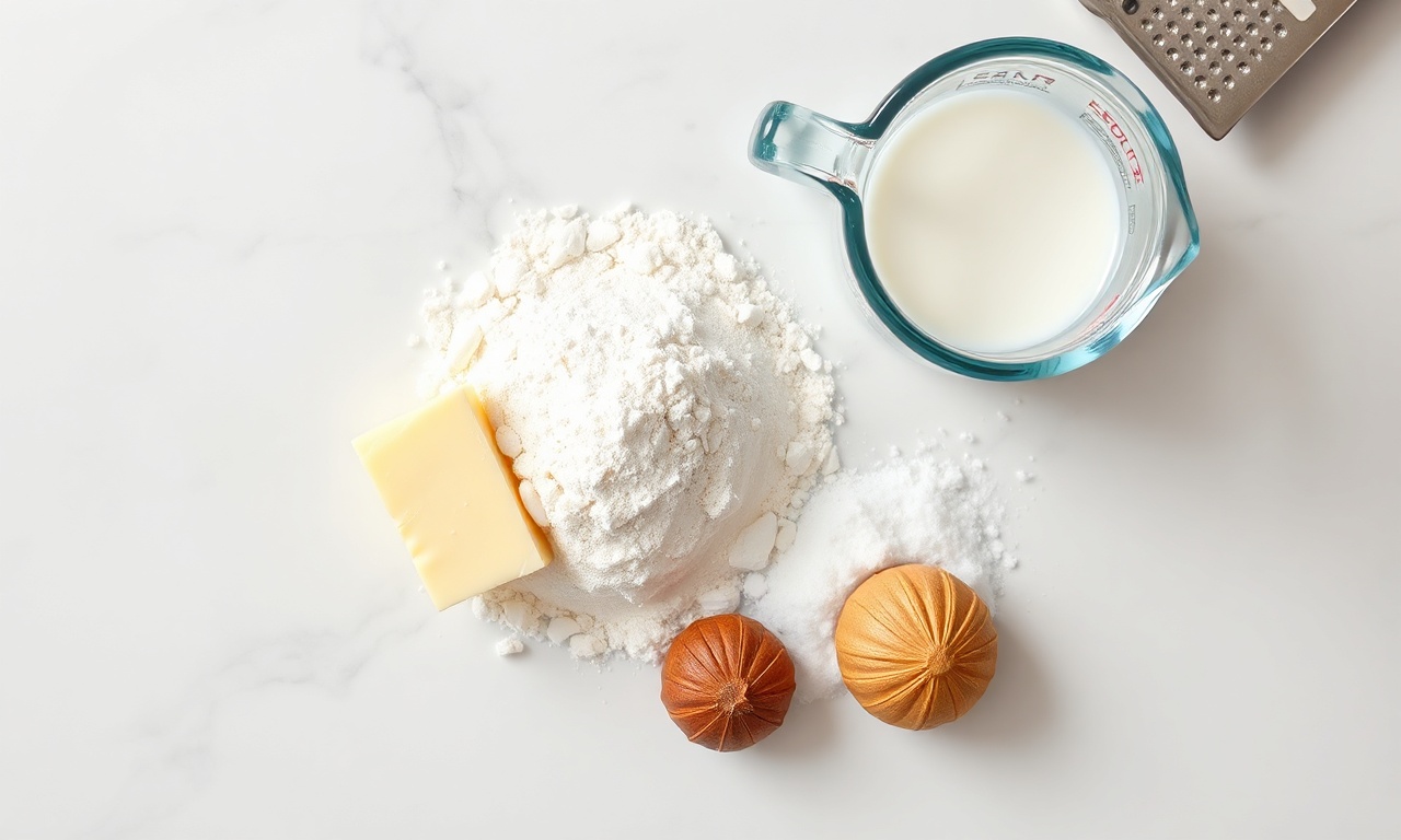Vista de cima dos 5 ingredientes básicos organizados sobre superfície clara