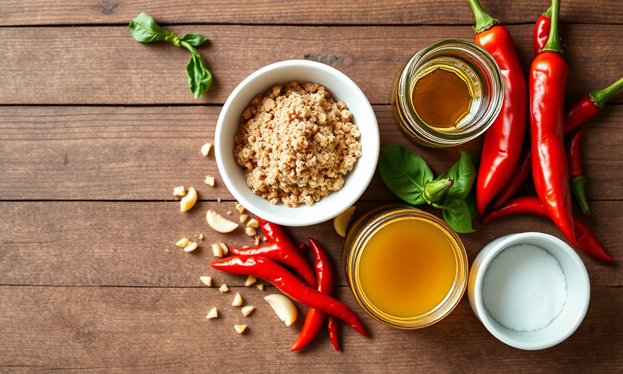 Vista de cima dos ingredientes organizados para o preparo do molho
