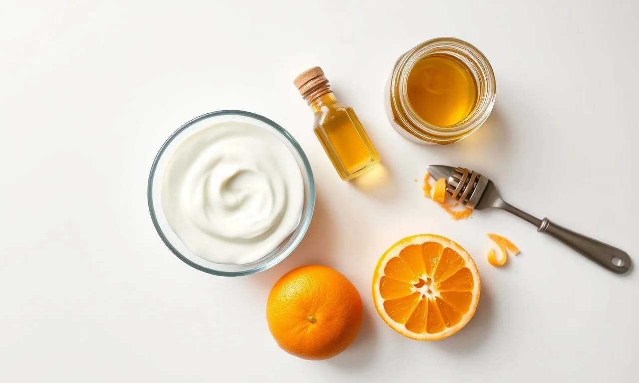 Vista de cima dos ingredientes: iogurte, laranja, azeite, mel e raspas.