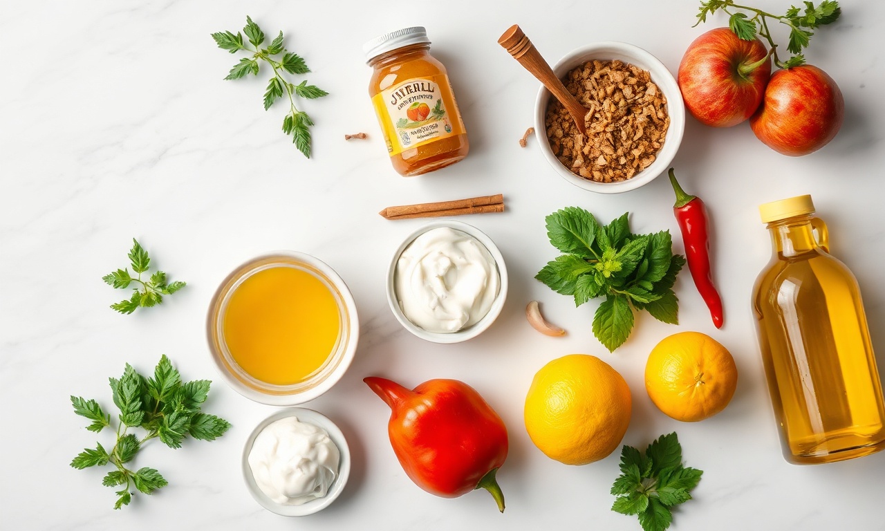 Molho Para Picanha Suína: 6 Receitas Fáceis E Saborosas 4 Vista de cima dos principais ingredientes para os seis molhos organizados sobre superfície clara.
